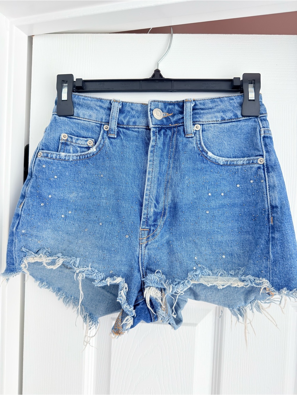 Zara Blue Distressed Rhinestone Jean Shorts